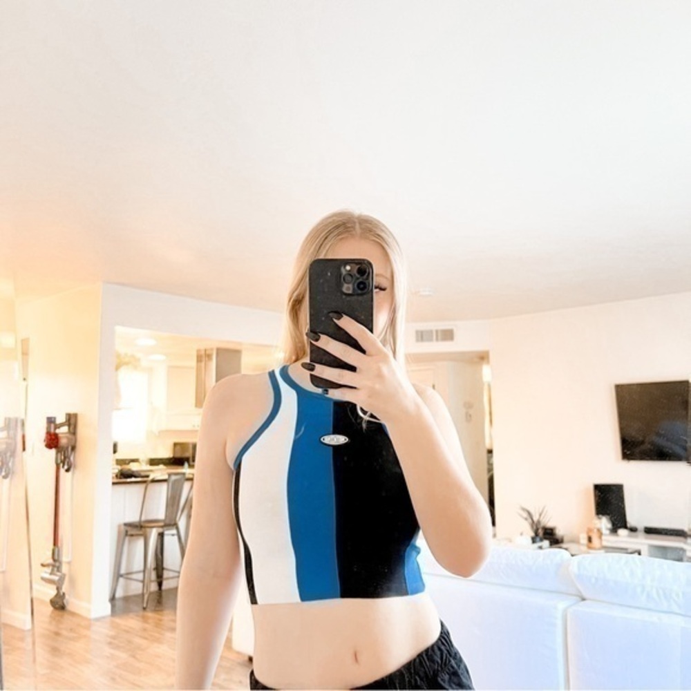 Cider Y2K Blue Black White Color Block "Nothing" Crop Tank Top Size XXS